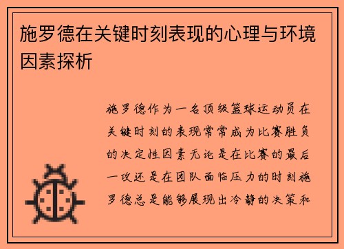 施罗德在关键时刻表现的心理与环境因素探析